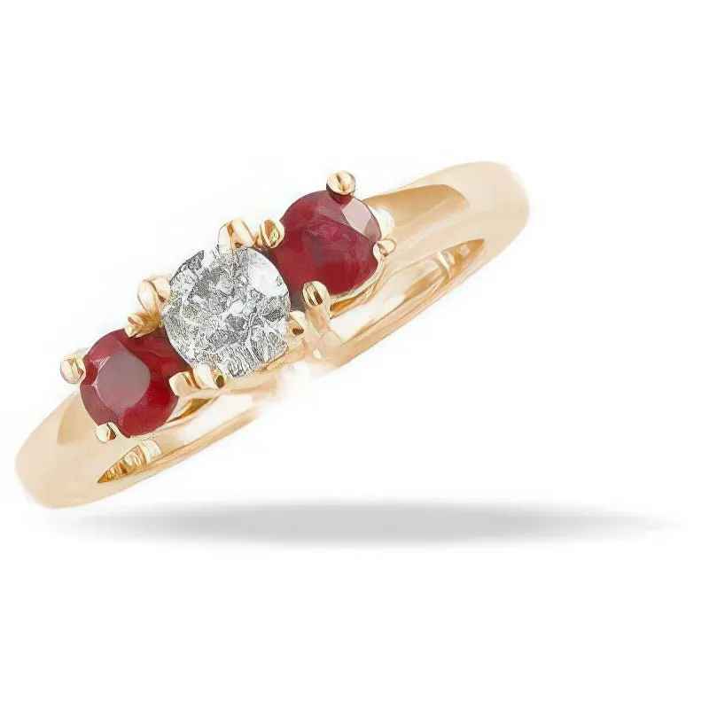 0.90 CT Round Cut Rubies & Diamonds - Three Stone Ring