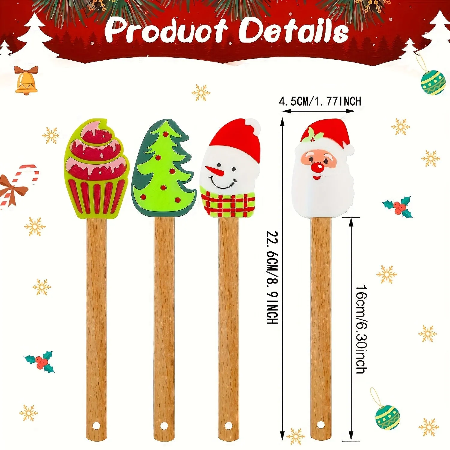 1pc/4pcs, Christmas Silicone Spatula Xmas Cake Spatula With Wooden Handle Snowmen Pancake Spatula Cute Pan Scraper Xmas Dish Scraper Cooking Spatulas For Kitchen Mixing Cooking Baking (Cute Style)