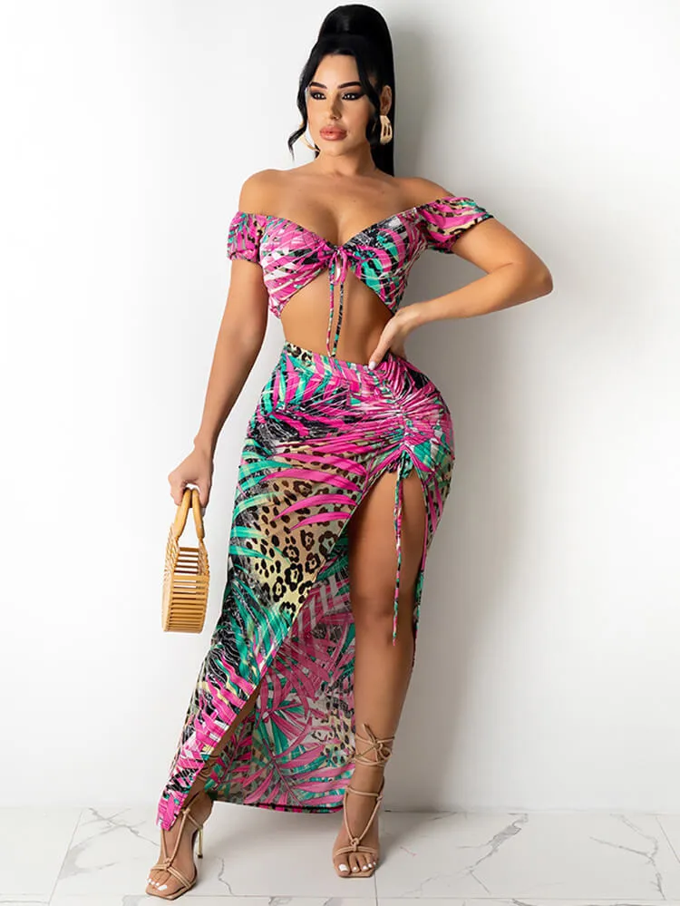 2 Piece Floral Off Shoulder Crop Top Skirt Sets