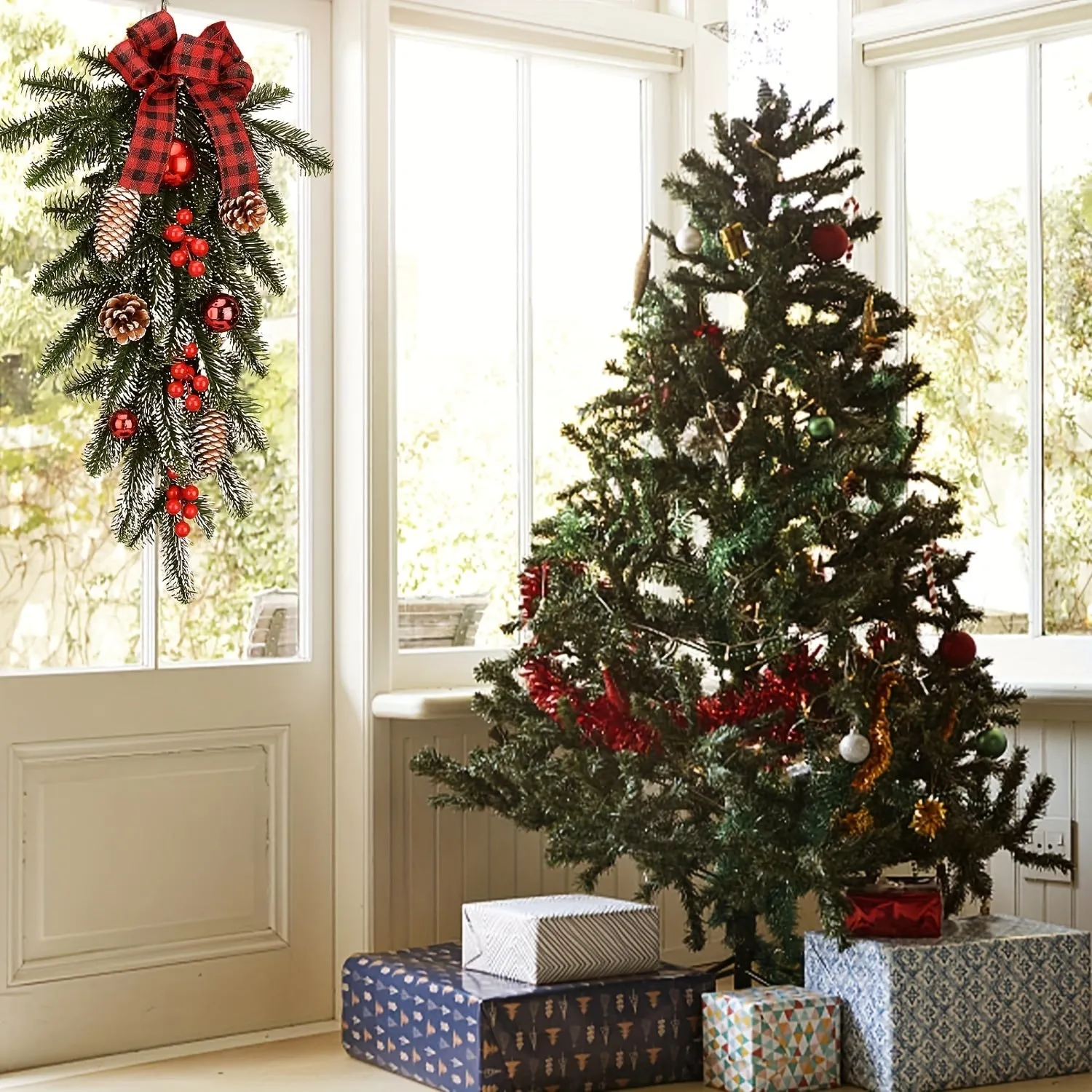 21.6" Classic Christmas Teardrop Swag with Artificial Pine Cones & Red Berries - Perfect for Door, Wall, or Window Decor