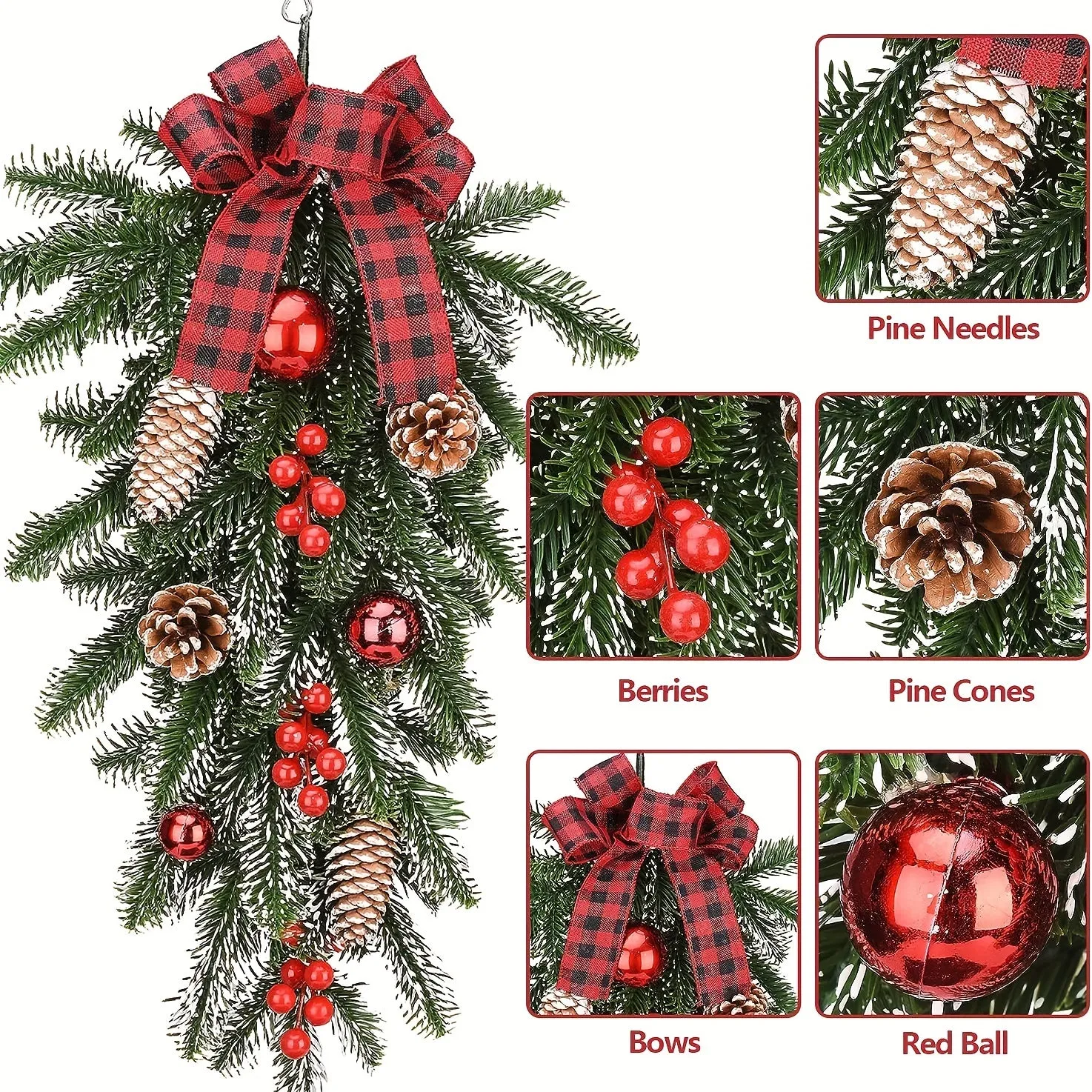 21.6" Classic Christmas Teardrop Swag with Artificial Pine Cones & Red Berries - Perfect for Door, Wall, or Window Decor