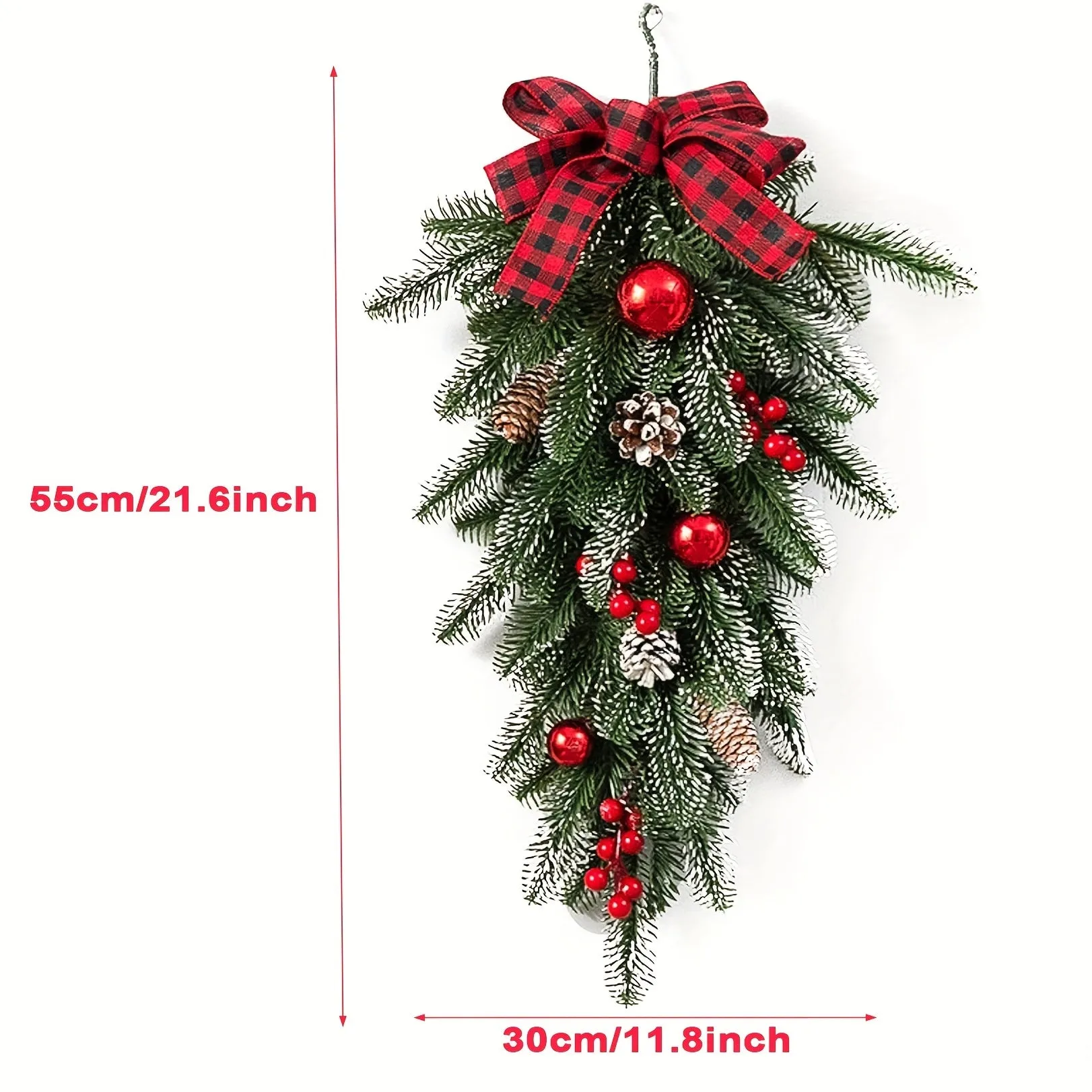 21.6" Classic Christmas Teardrop Swag with Artificial Pine Cones & Red Berries - Perfect for Door, Wall, or Window Decor