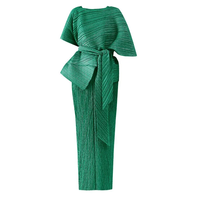 2pcs Miyake Pleated Jacket & Maxi Dress with Belt