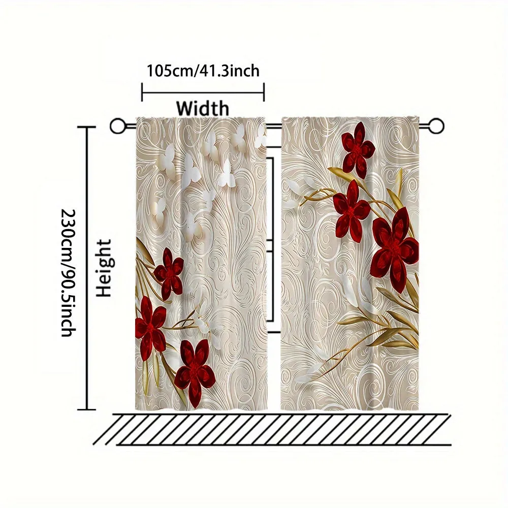 2pcs Set of Floral Print Curtains - Rod Pocket Design for Easy Hanging, Perfect for Bedroom & Living Room Decor, Machine Washable Polyester