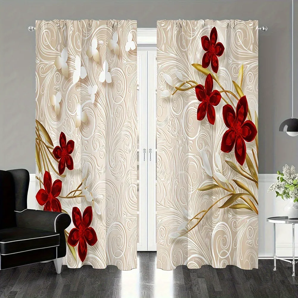 2pcs Set of Floral Print Curtains - Rod Pocket Design for Easy Hanging, Perfect for Bedroom & Living Room Decor, Machine Washable Polyester