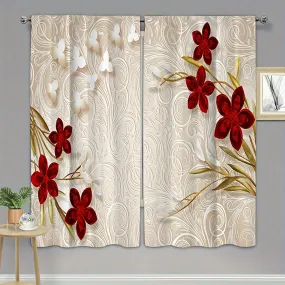 2pcs Set of Floral Print Curtains - Rod Pocket Design for Easy Hanging, Perfect for Bedroom & Living Room Decor, Machine Washable Polyester