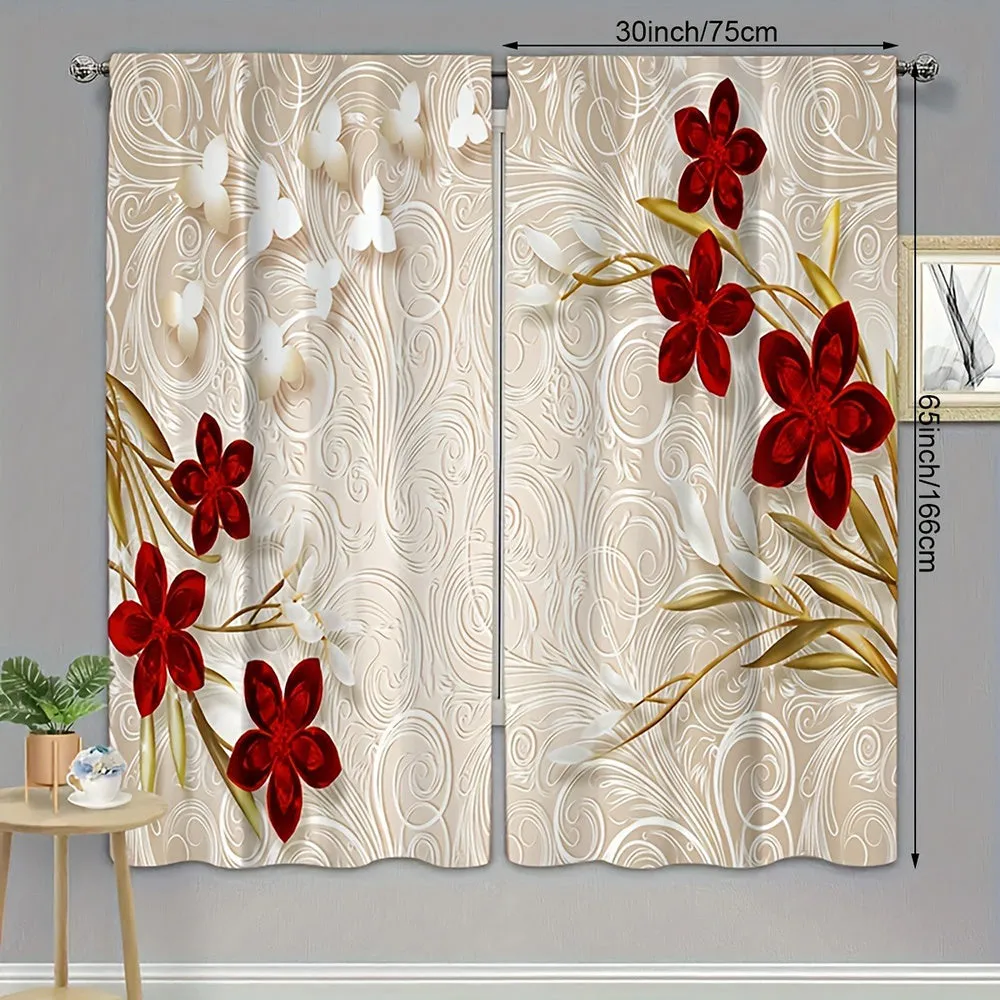 2pcs Set of Floral Print Curtains - Rod Pocket Design for Easy Hanging, Perfect for Bedroom & Living Room Decor, Machine Washable Polyester