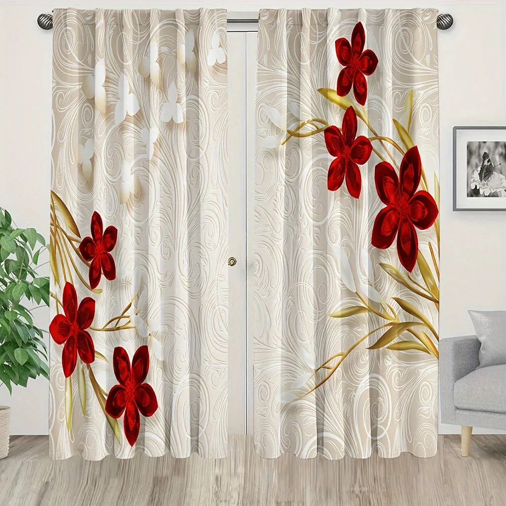 2pcs Set of Floral Print Curtains - Rod Pocket Design for Easy Hanging, Perfect for Bedroom & Living Room Decor, Machine Washable Polyester