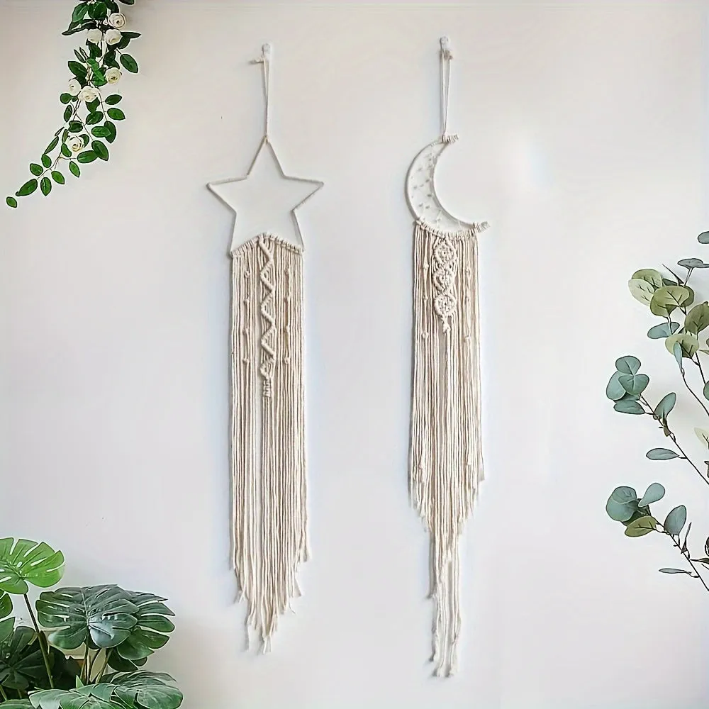 2pcs Star-Moon Room Hangings, Girls' Bedroom Decorations, Hand-woven Tapestries, Classroom Room Wall Hangings, Mother's Day, Back-to-school Season, Christmas Holiday Decorations