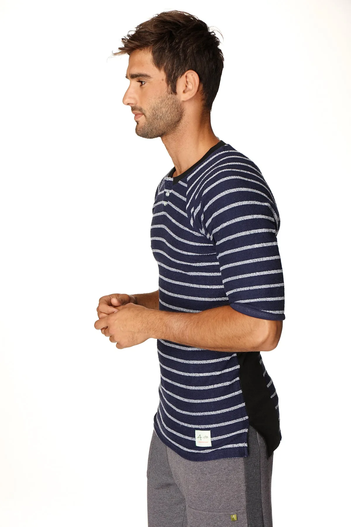 4-rth Mens Vintage-Stripe Henley Tee in French Terry Loop (Navy w/Stripe)