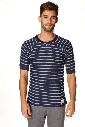 4-rth Mens Vintage-Stripe Henley Tee in French Terry Loop (Navy w/Stripe)