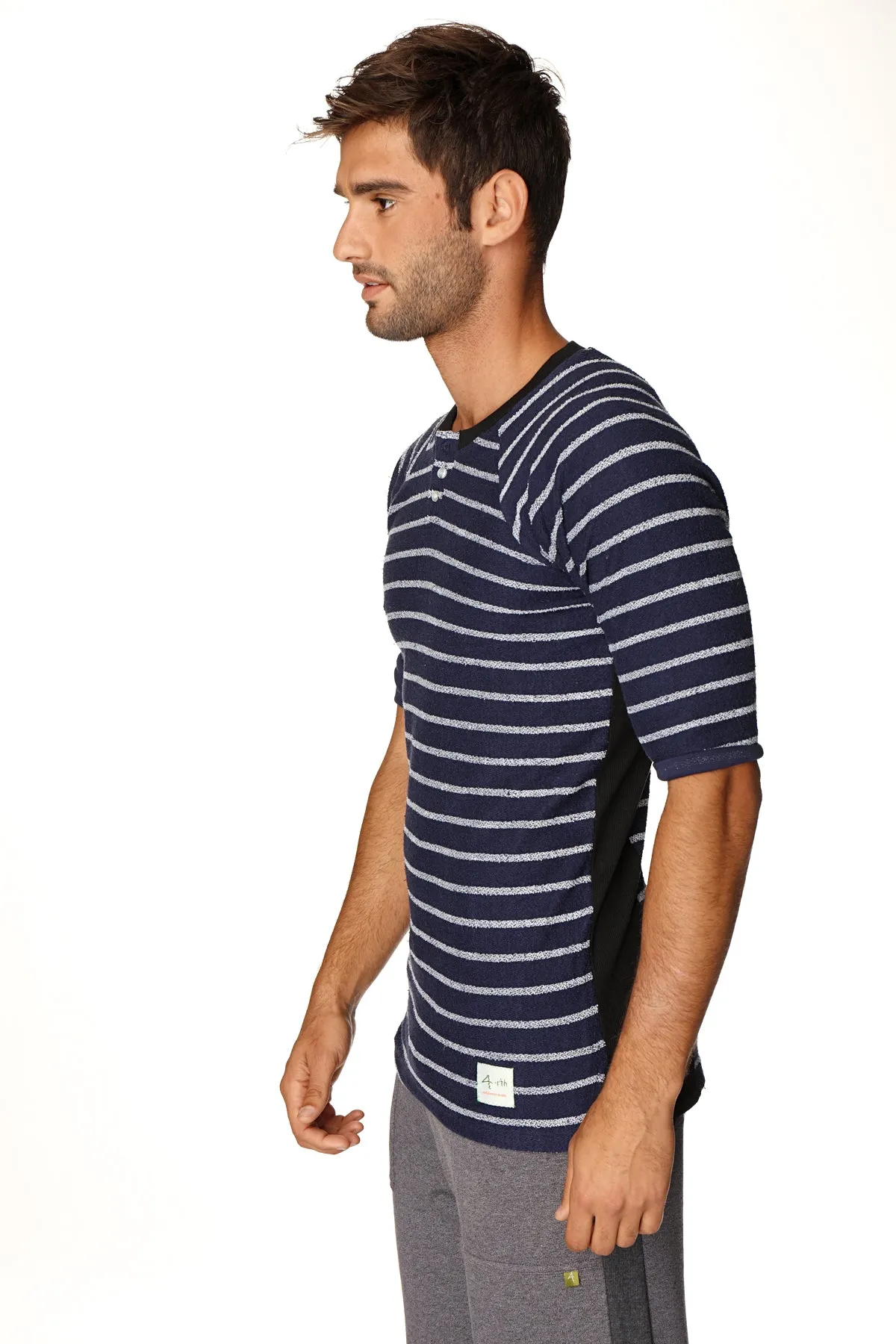 4-rth Mens Vintage-Stripe Henley Tee in French Terry Loop (Navy w/Stripe)