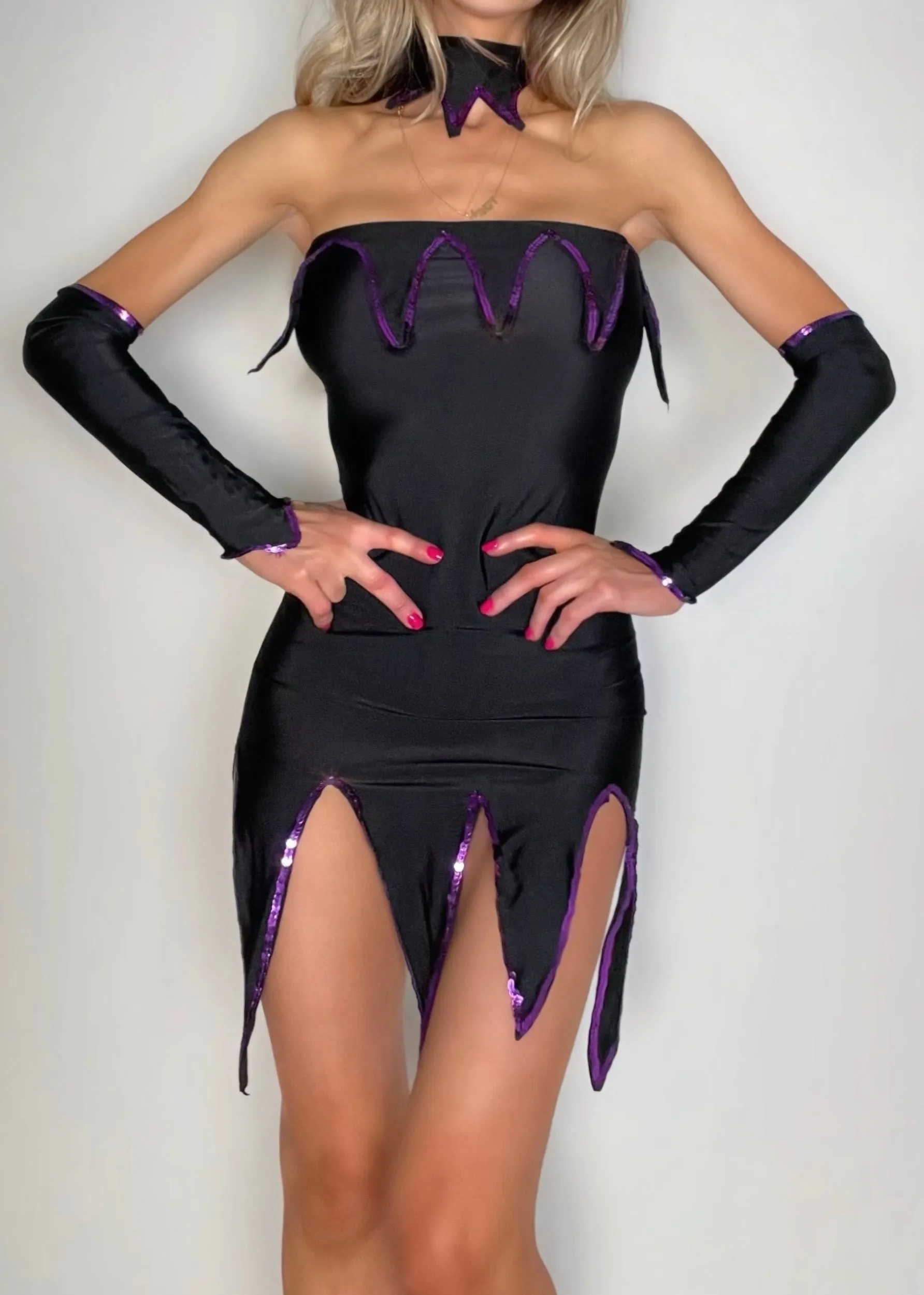 90s Small Whimsy Black Fairy Embellished Bodycon Mini Dress 4-Piece Costume Set – Rare Vintage