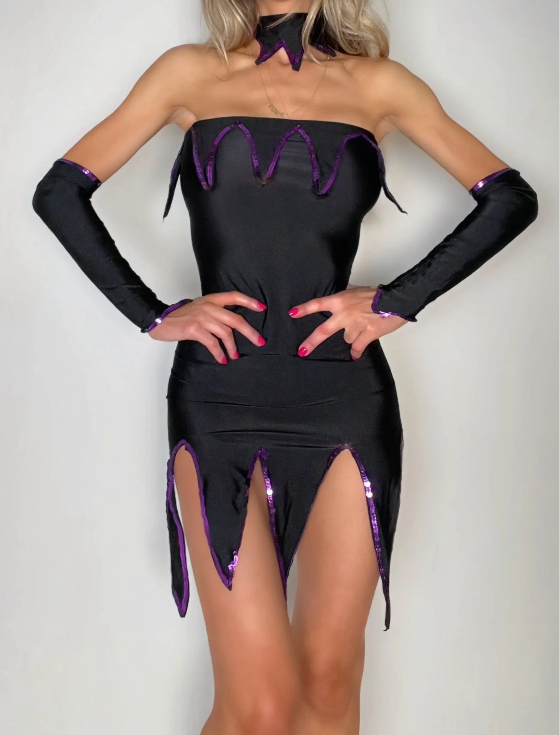 90s Small Whimsy Black Fairy Embellished Bodycon Mini Dress 4-Piece Costume Set – Rare Vintage