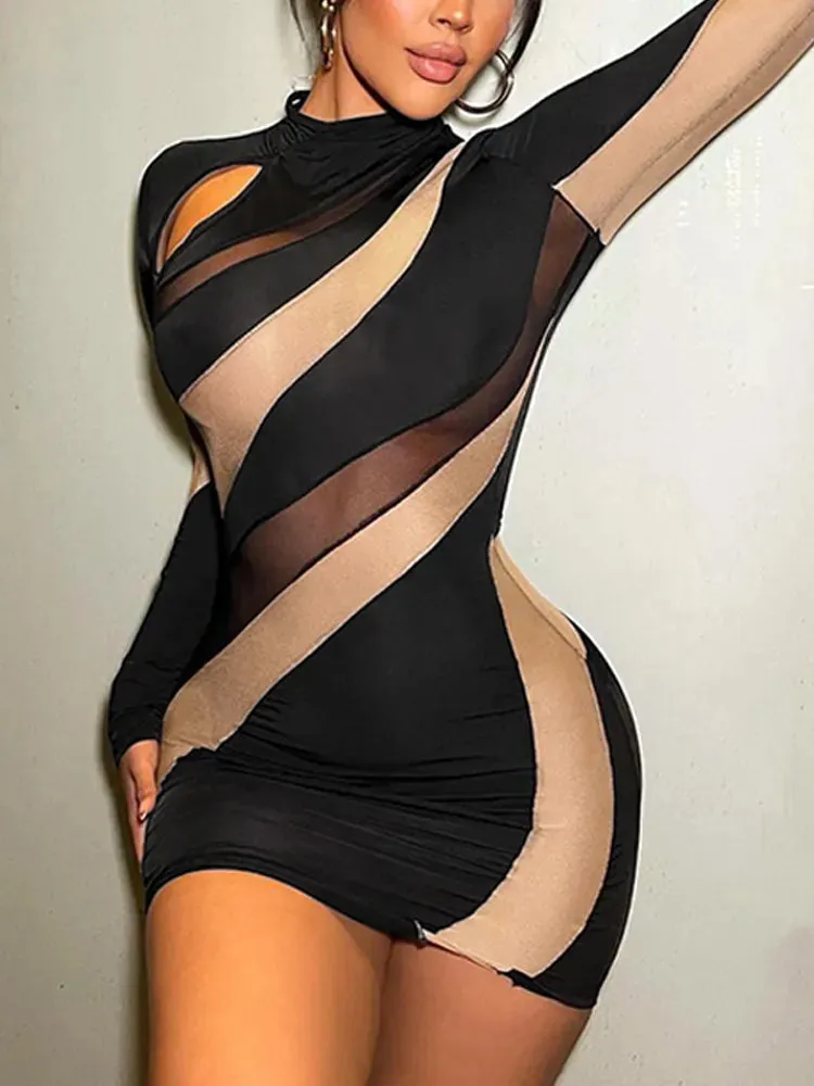 A&A Mini Bodycon Mesh Stripe Insert Cutout Dress