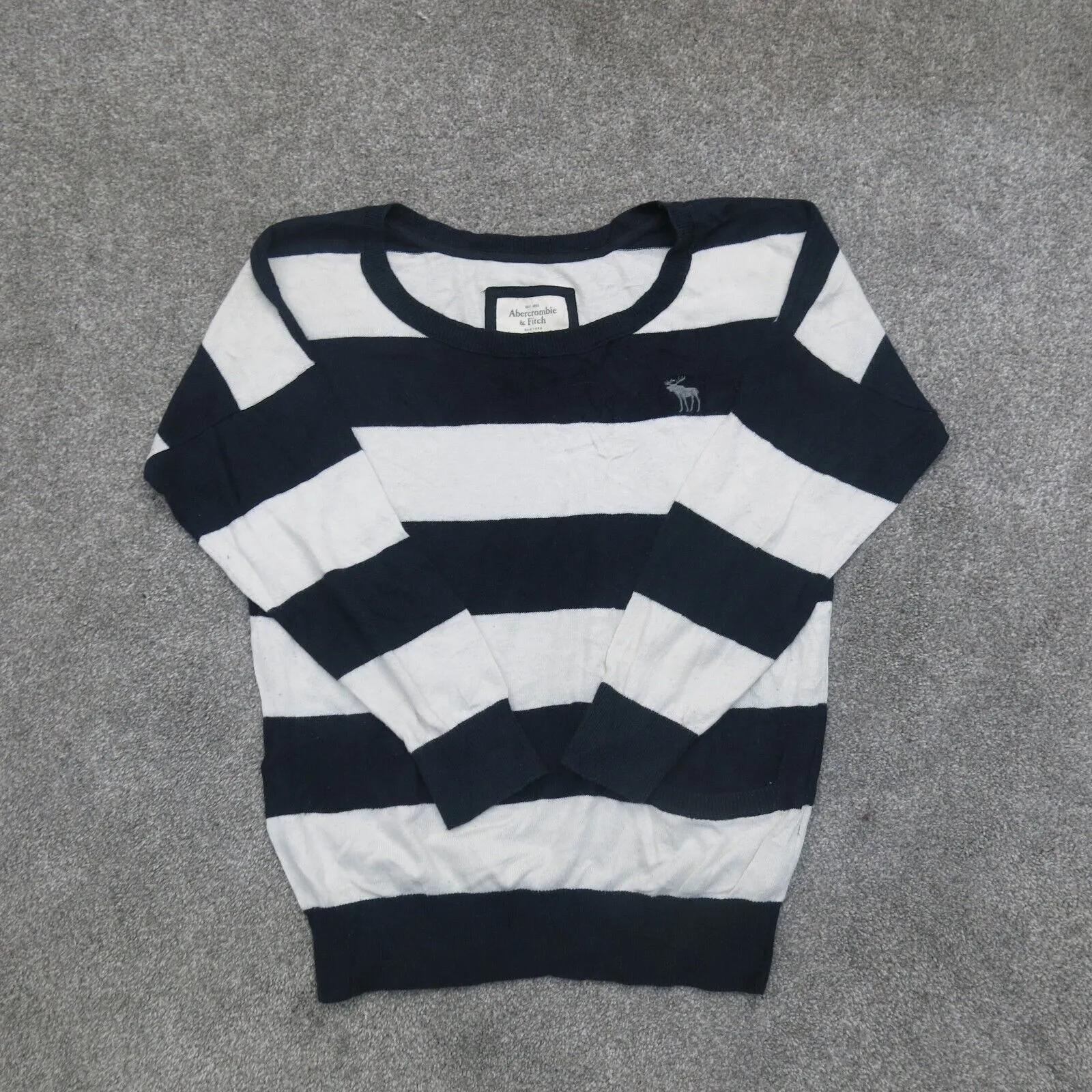 Abercrombie & Fitch Women Pullover Sweater Round Neck Striped White Black Medium