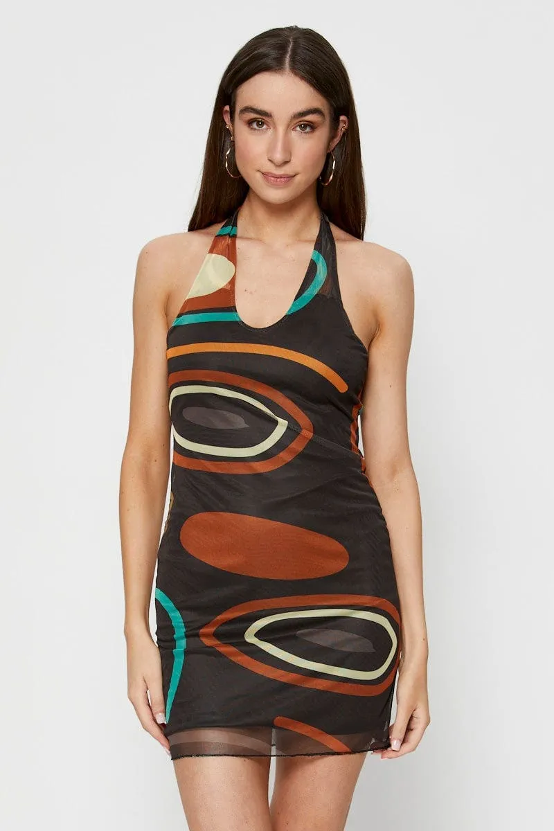 Abstract Print Bodycon Dress Mini Halter Neck