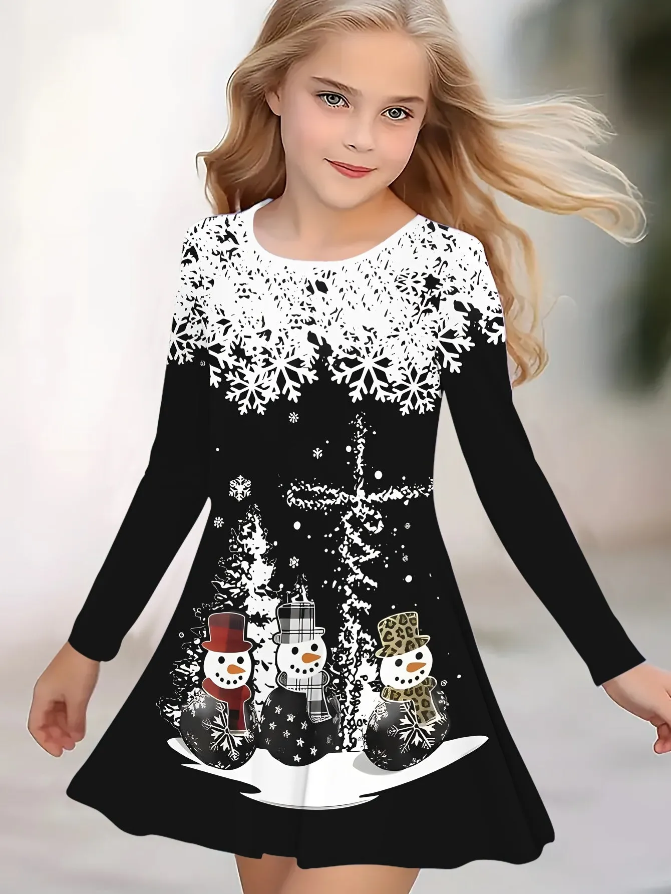 Adorable Snowman & Snowflake 3D Print Long Sleeve Dress for Girls - Perfect for Christmas, Fall/Winter Collection