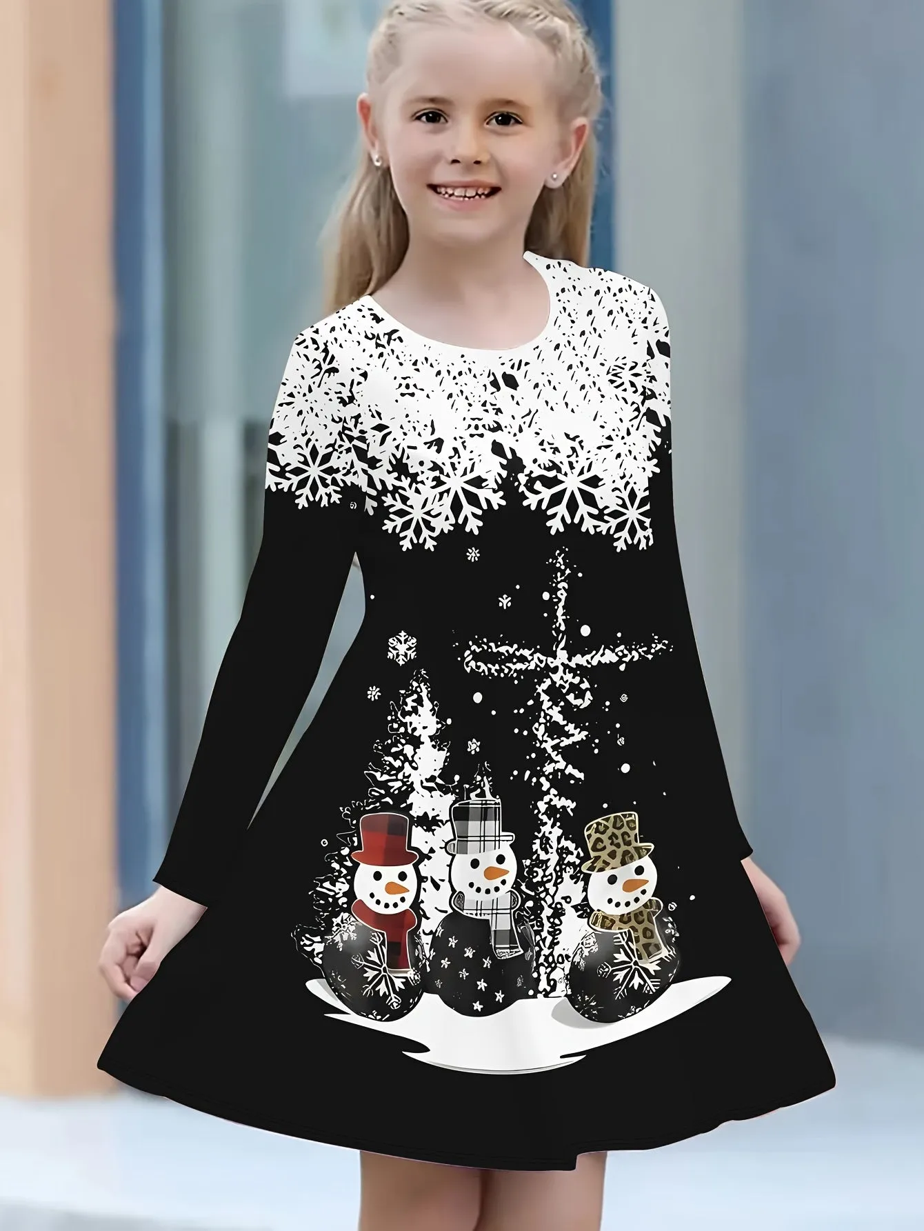 Adorable Snowman & Snowflake 3D Print Long Sleeve Dress for Girls - Perfect for Christmas, Fall/Winter Collection