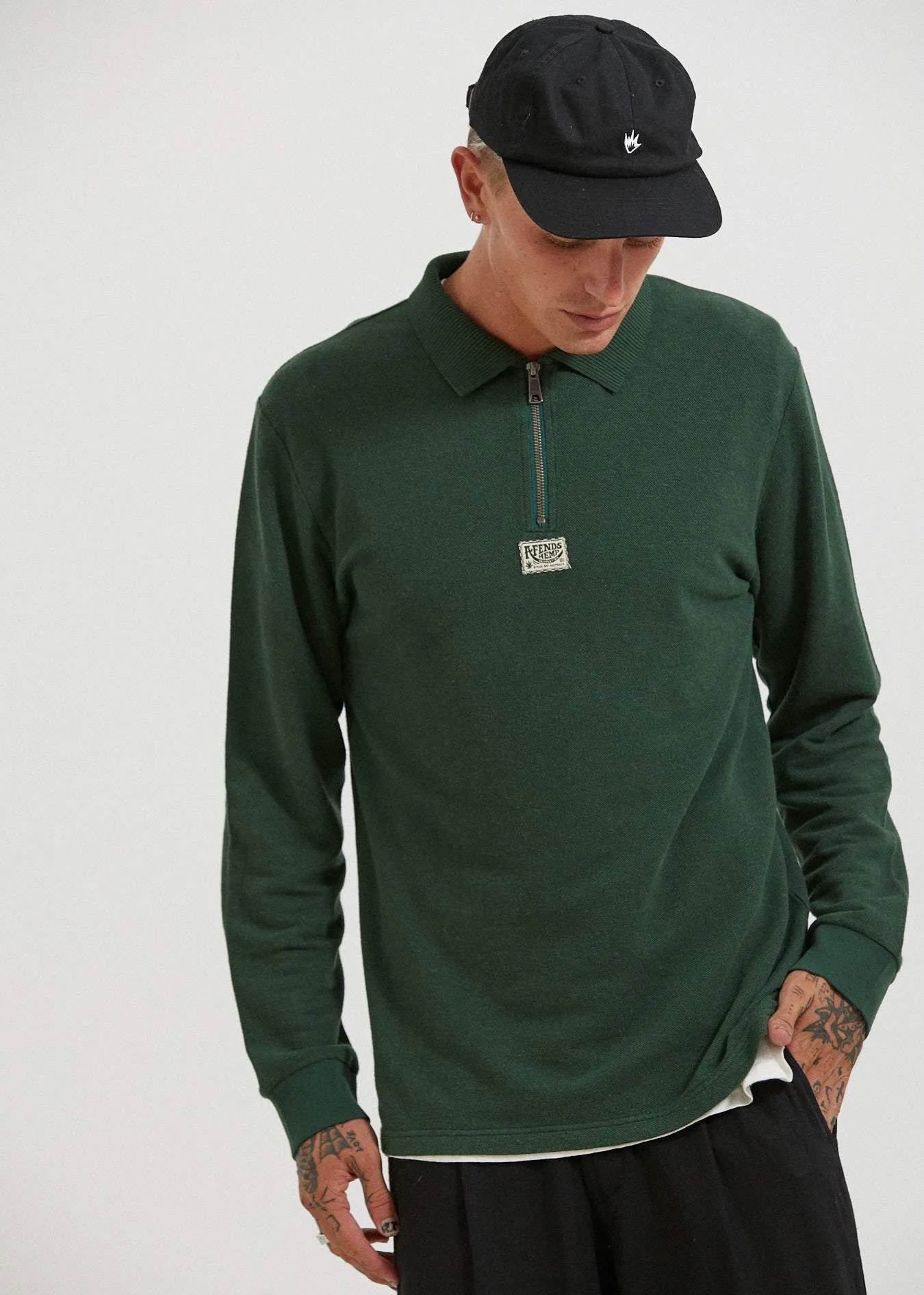 Afends Mens Meninga - Hemp Half Zip Long Sleeve Polo Tee - Forest