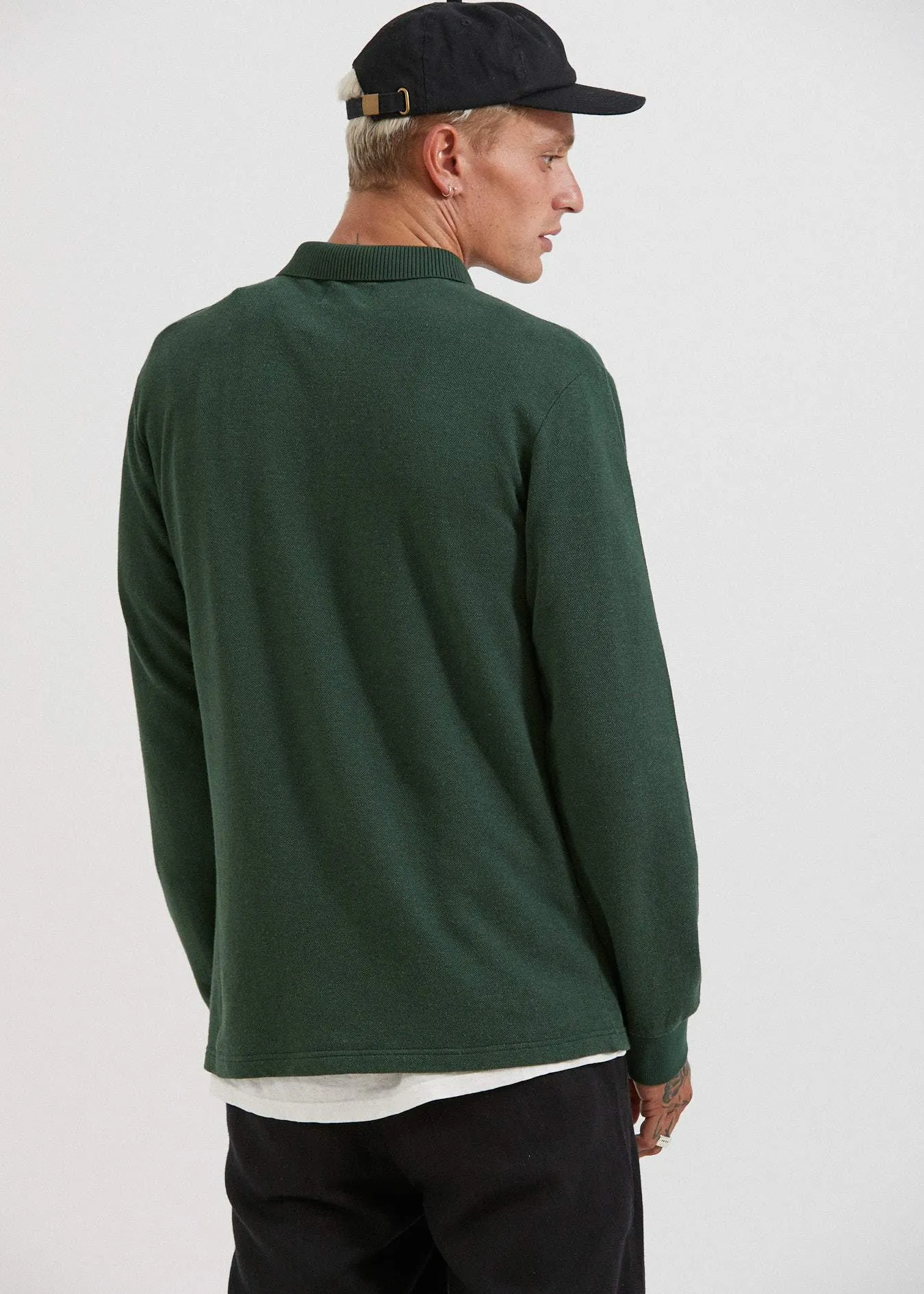 Afends Mens Meninga - Hemp Half Zip Long Sleeve Polo Tee - Forest