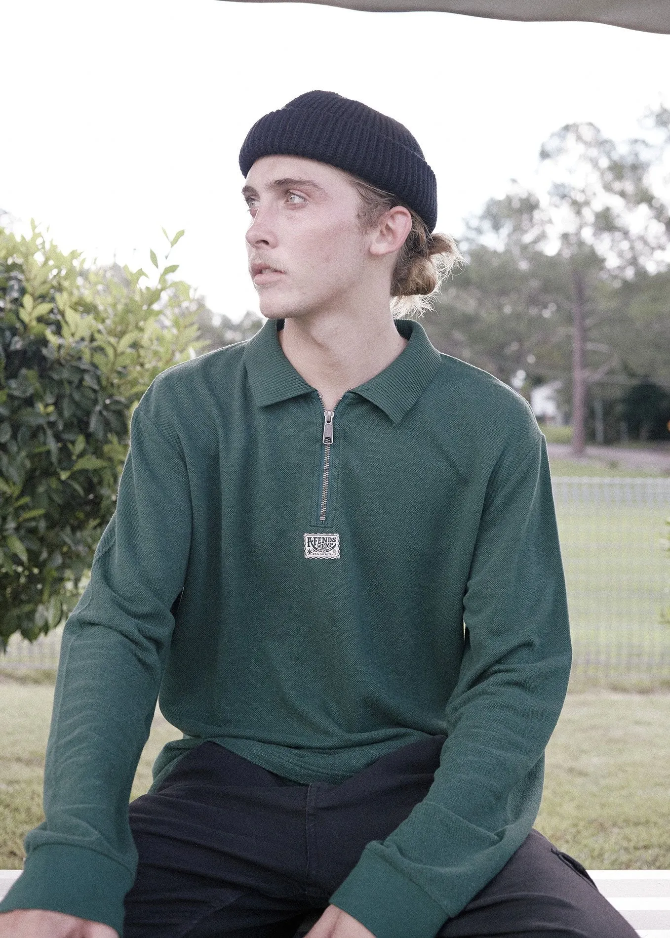 Afends Mens Meninga - Hemp Half Zip Long Sleeve Polo Tee - Forest