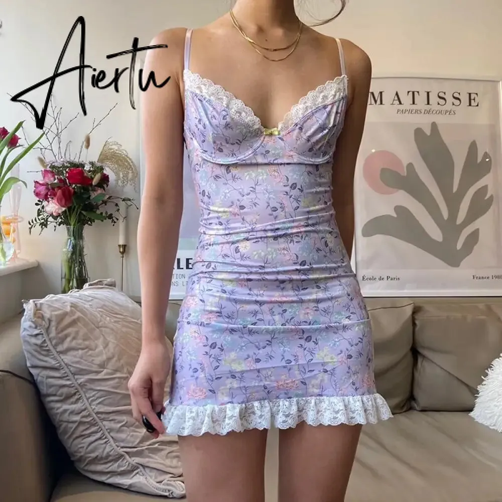 Aiertu   Sexy Floral Print V Neck Women's Dress Lacework Slim Party Bodycon Dresses Y2K Aesthetic Lady Summer Club Wear