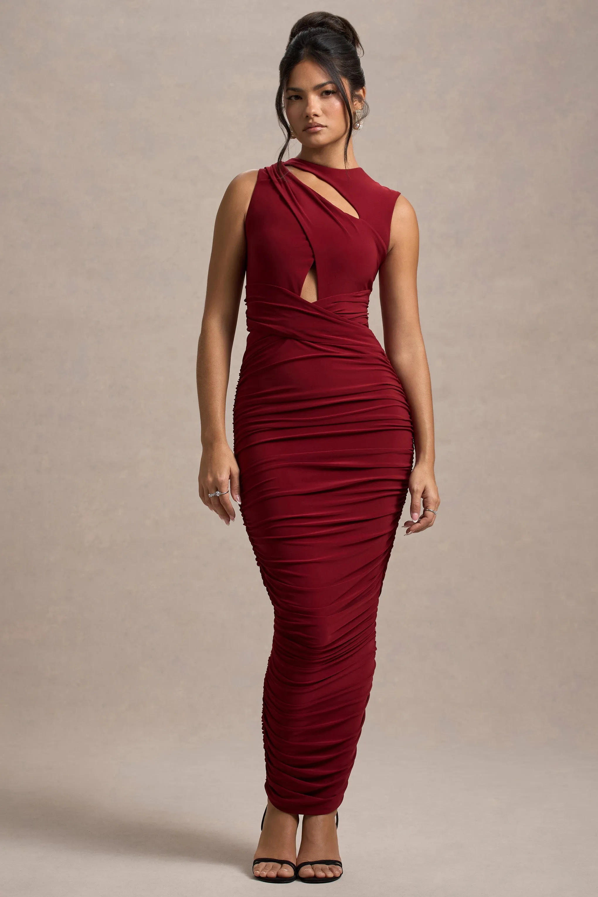 Aire | Wine Cut-Out Ruched Maxi Dress