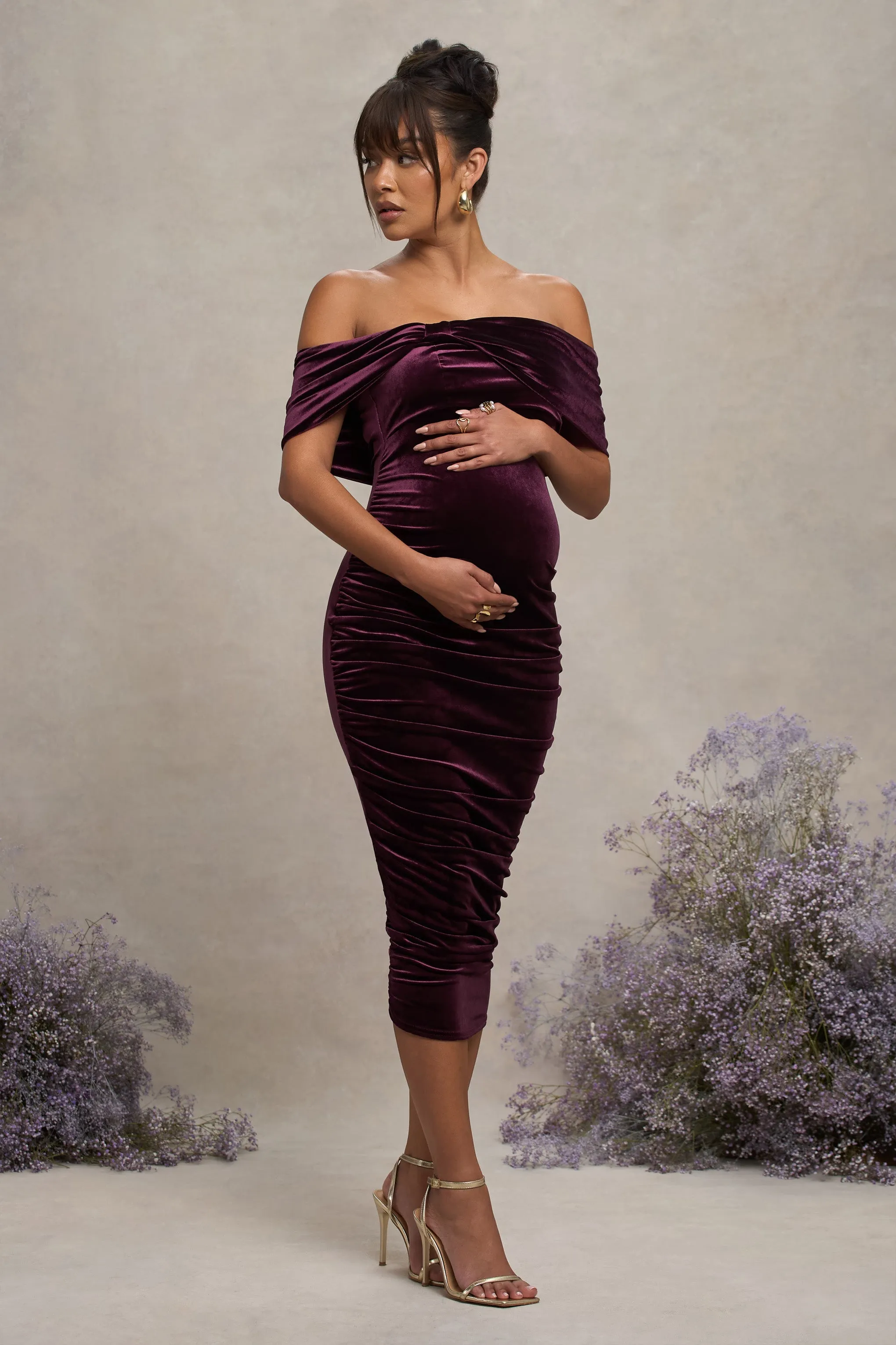 Alyssa | Port Velvet Maternity Bardot Bow Maternity Midi Dress with Ruching