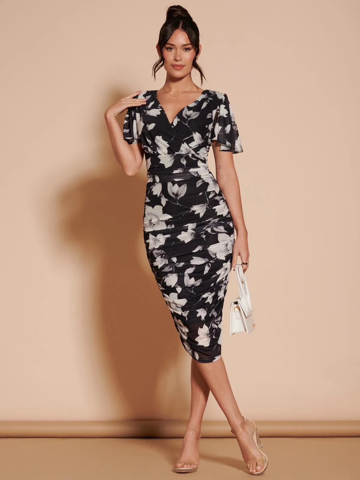 Angel Sleeve Ruched Mesh Midi Dress, Black Floral