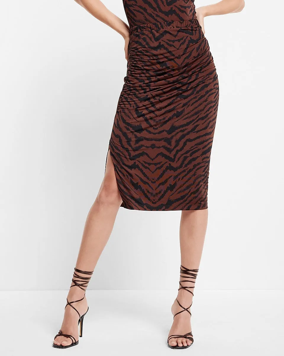 Animal Print High Waisted Silky Ruched Side Midi Skirt in Black Print