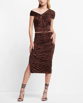 Animal Print High Waisted Silky Ruched Side Midi Skirt in Black Print