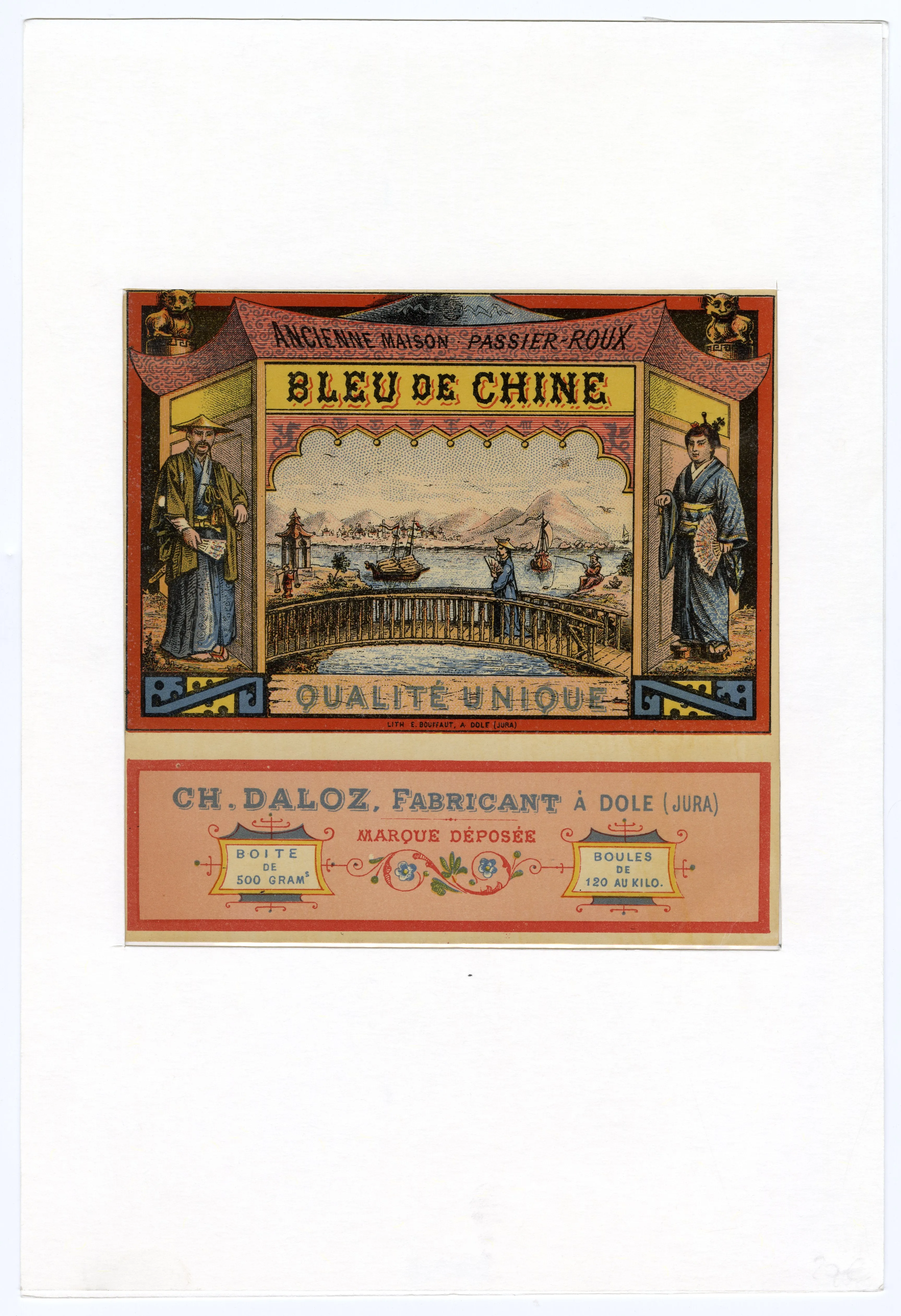 Antique, Unused BLEU DE CHINE Fabric Dye Label, Matted, Chinese, Japanese Graphics