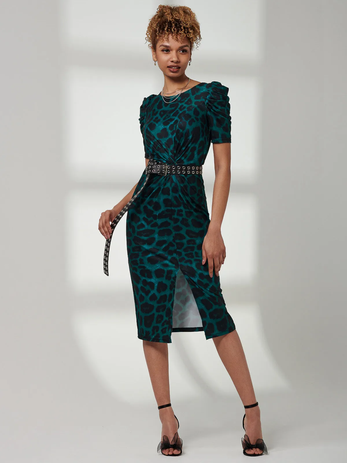 Arica Jersey Puff Sleeve Bodycon Midi Dress, Green Animal