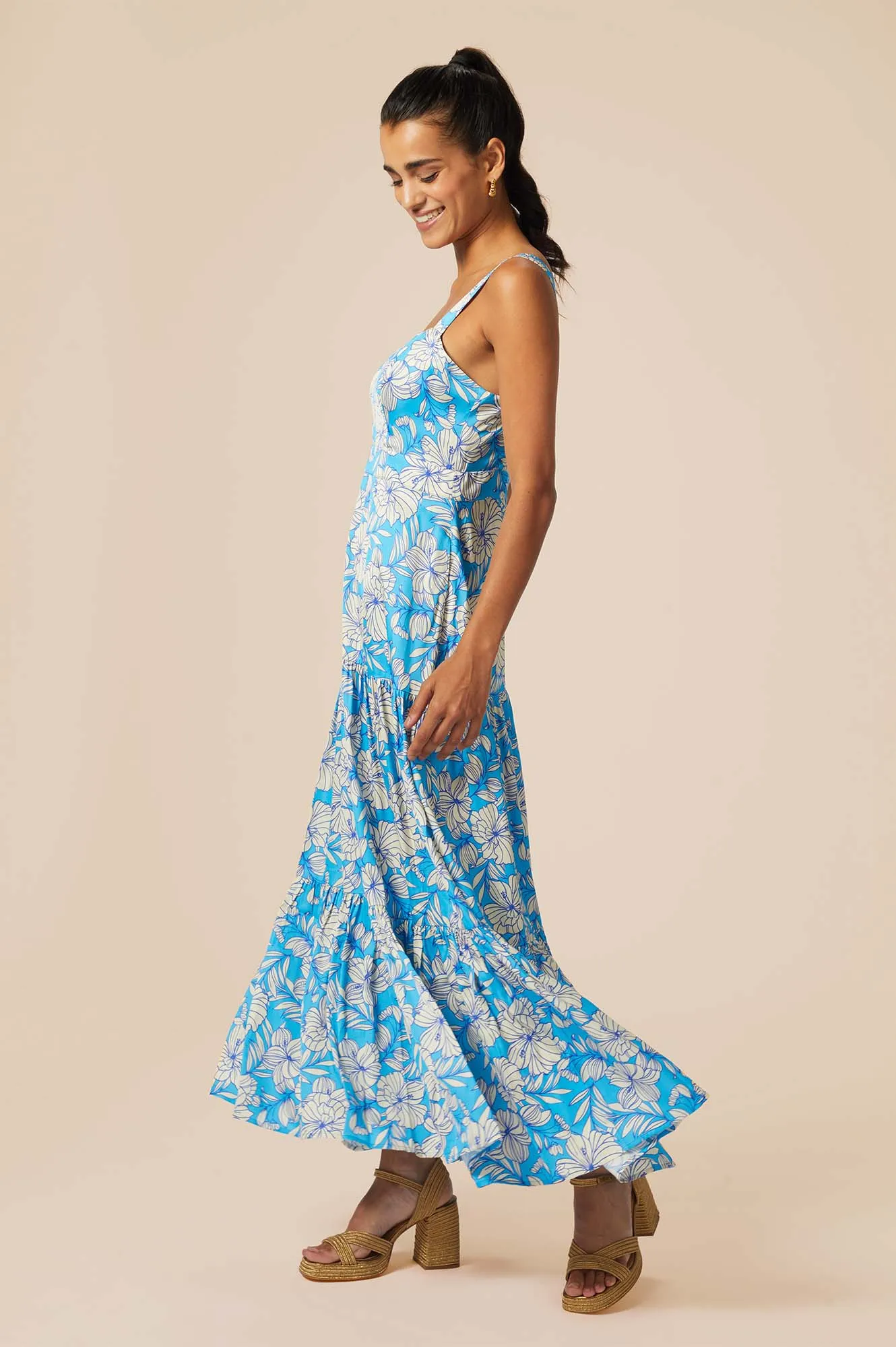 Aurelia Satin Dress | Lined Floral Turquoise/Cream