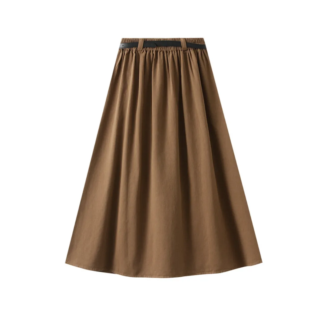 Autumn Retro Hong Kong Washed Cotton A line Skirt Women Big Swing Mid Length Skirt with Belt