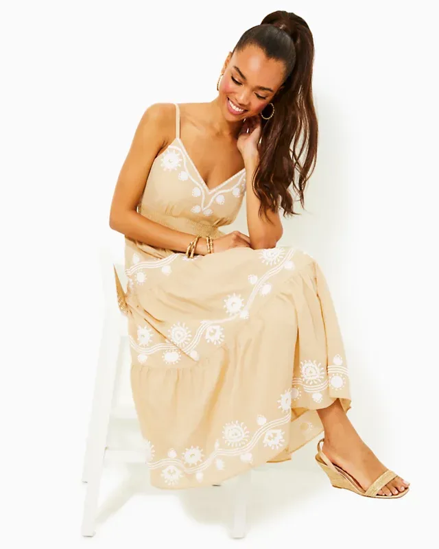 Aviry Embroidered Midi Dress - Sand Bar