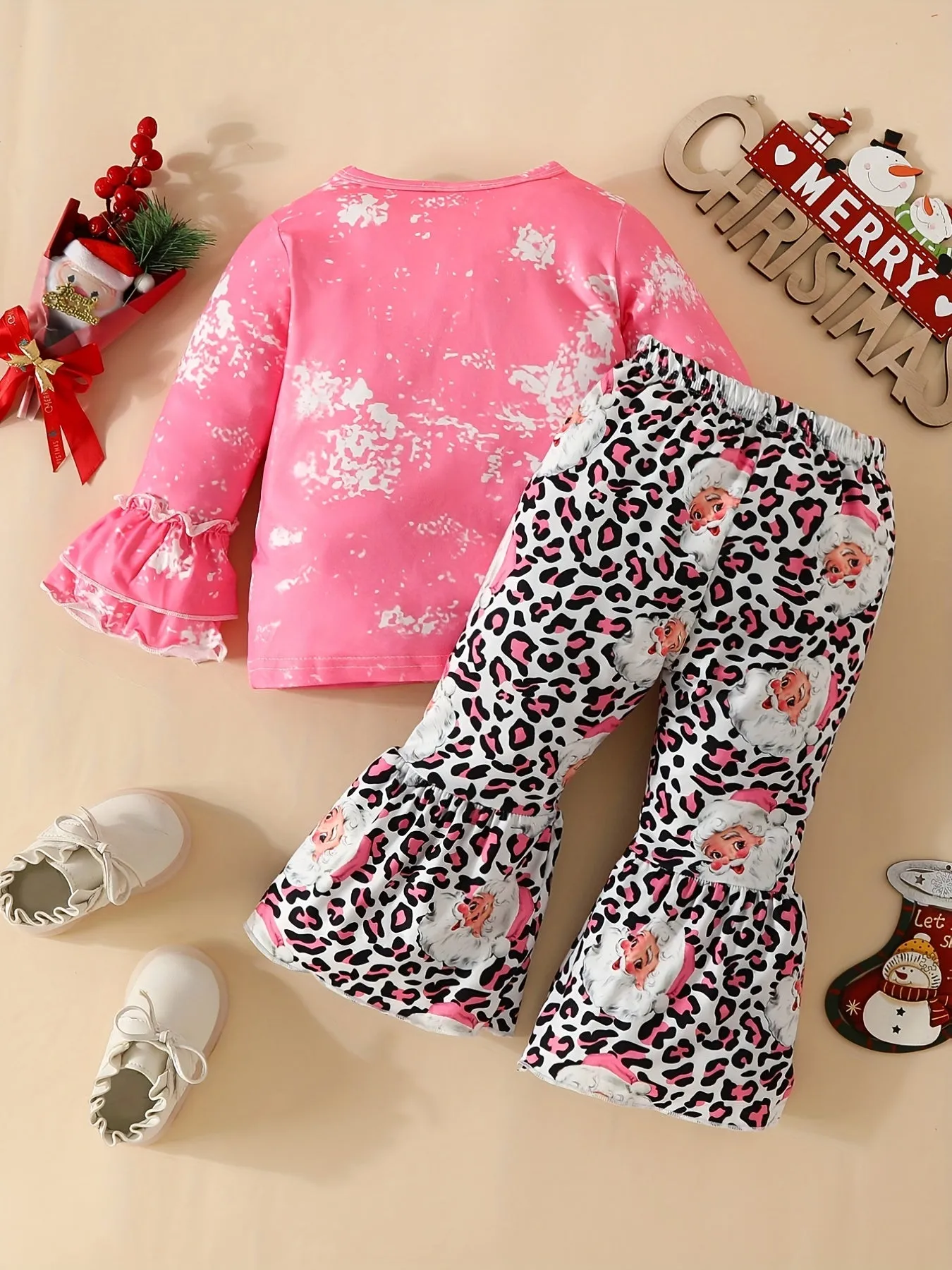 Baby Cute Santa Claus Head Long Sleeve Top   Cute Allover Print Pants, Kid's Christmas Pary Casual Clothes