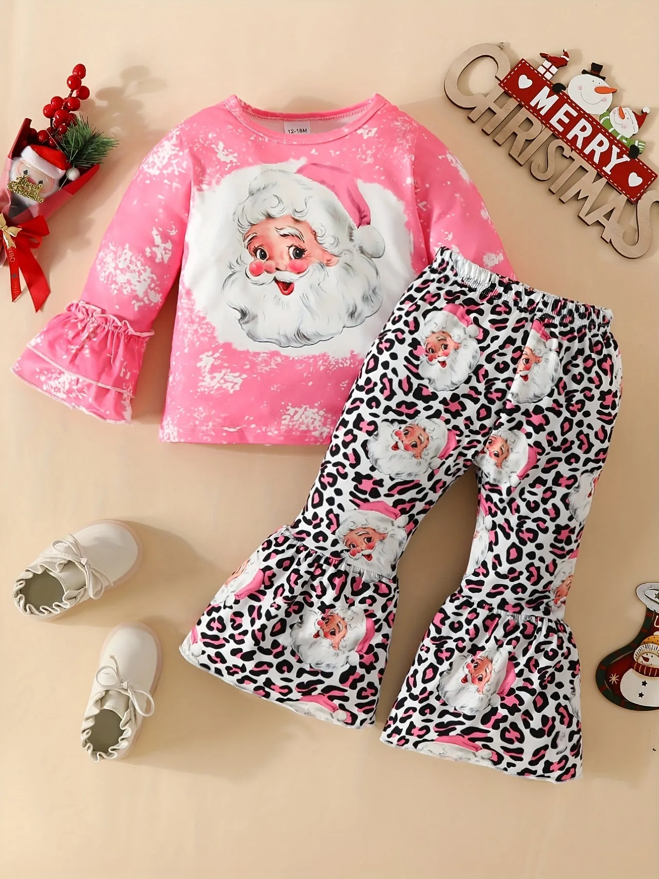 Baby Cute Santa Claus Head Long Sleeve Top   Cute Allover Print Pants, Kid's Christmas Pary Casual Clothes