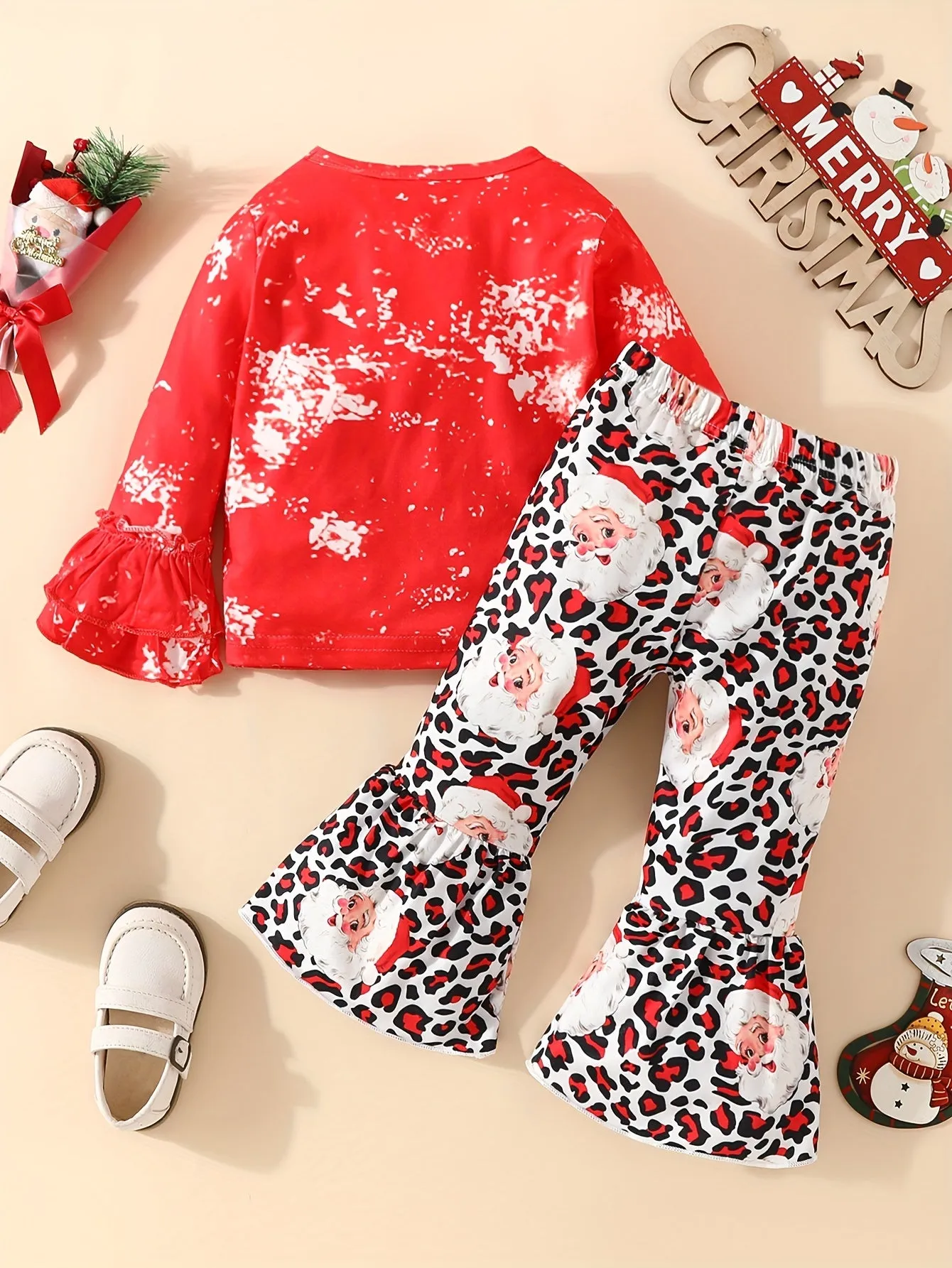 Baby Cute Santa Claus Head Long Sleeve Top   Cute Allover Print Pants, Kid's Christmas Pary Casual Clothes