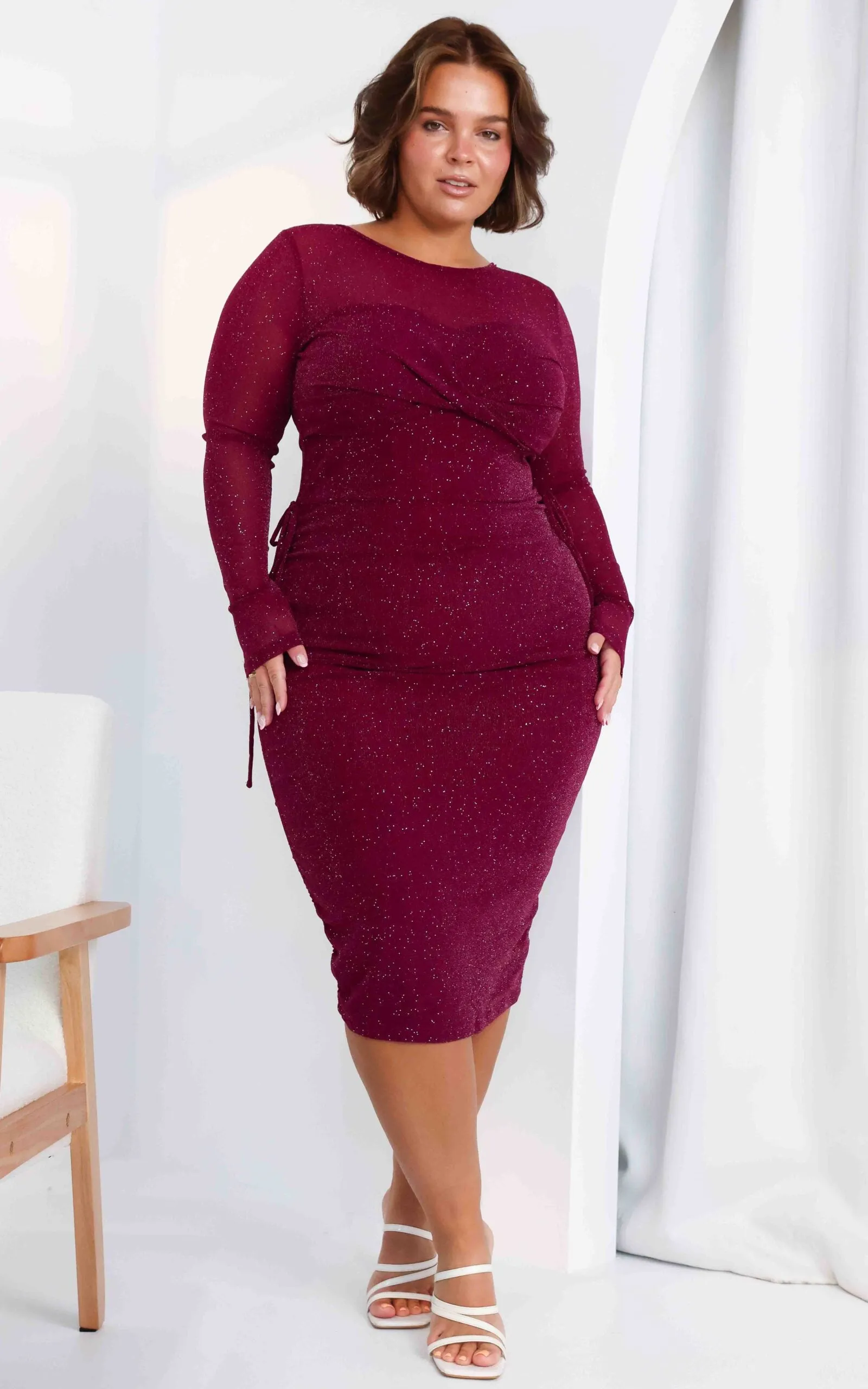 Before You Go Long Sleeve Mesh Dress - Plum Metallic Glitter