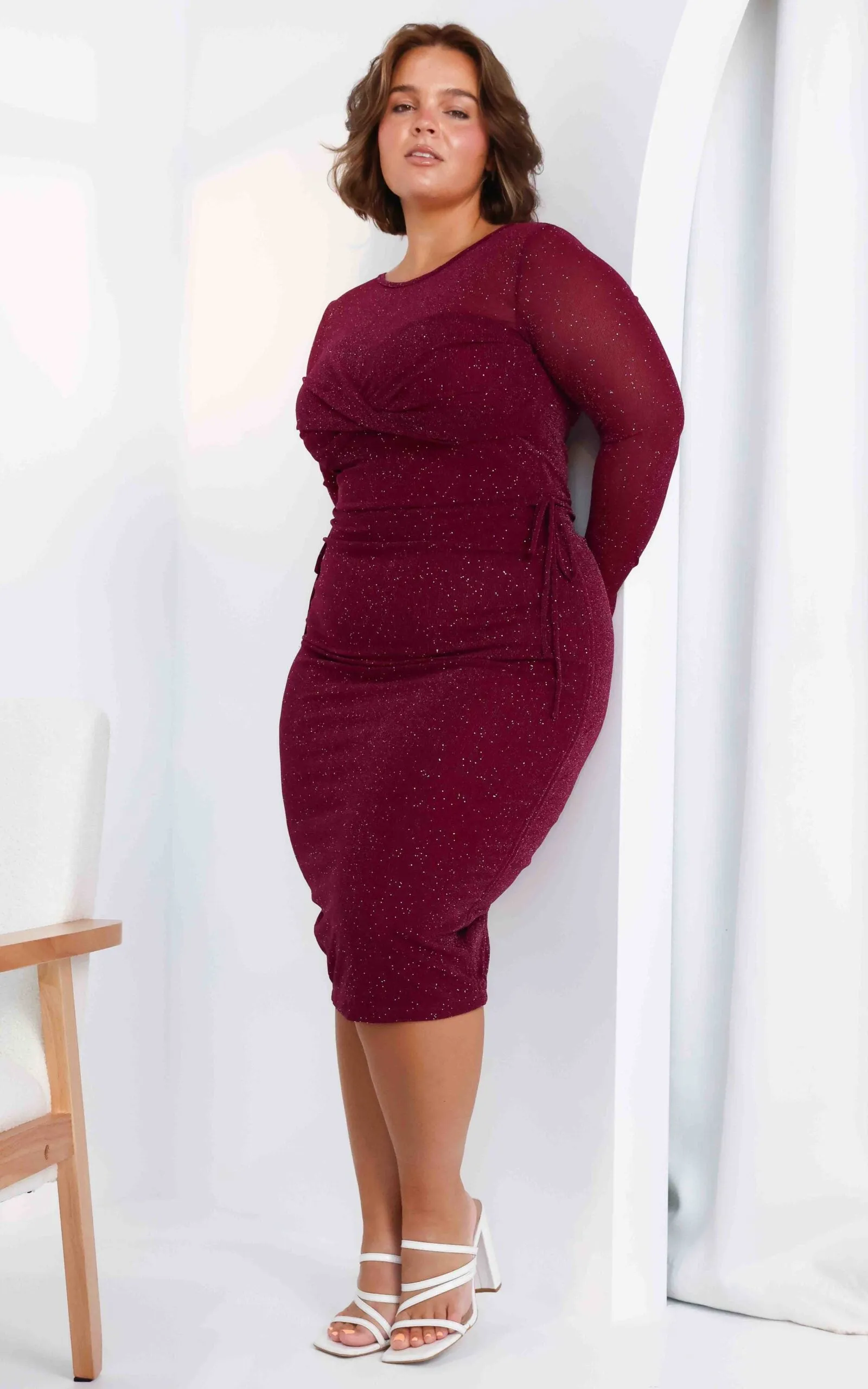 Before You Go Long Sleeve Mesh Dress - Plum Metallic Glitter