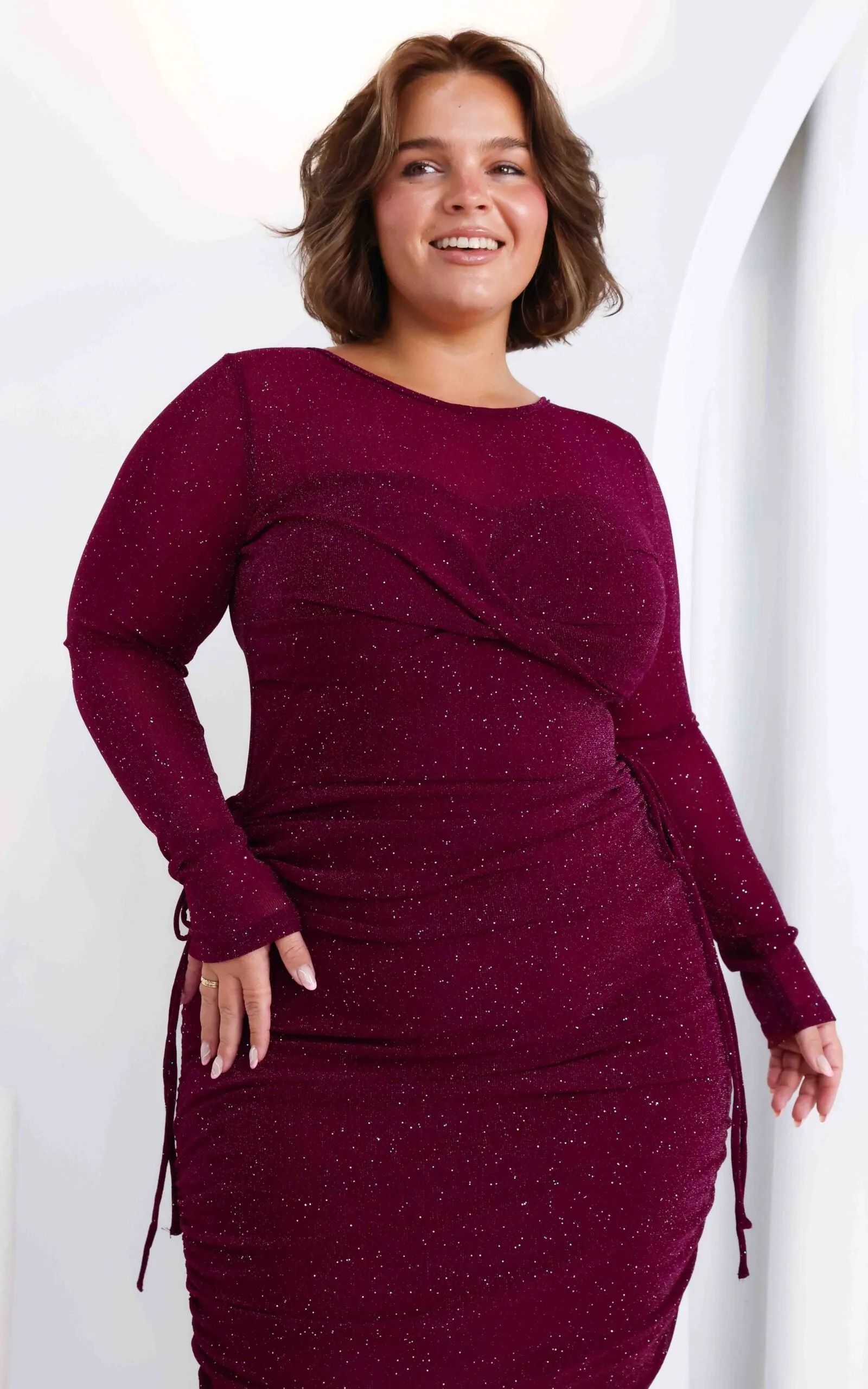 Before You Go Long Sleeve Mesh Dress - Plum Metallic Glitter