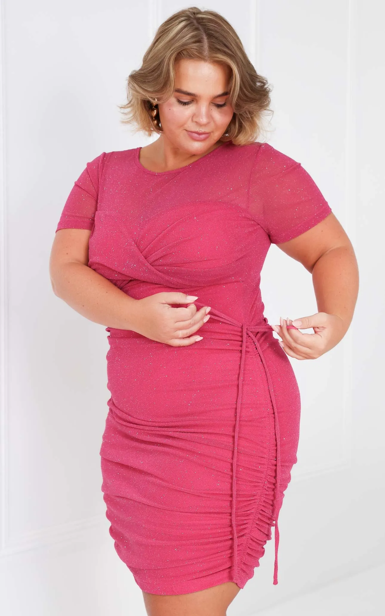 Before You Go Short Sleeve Mesh Dress - Hot Pink Metallic Glitter