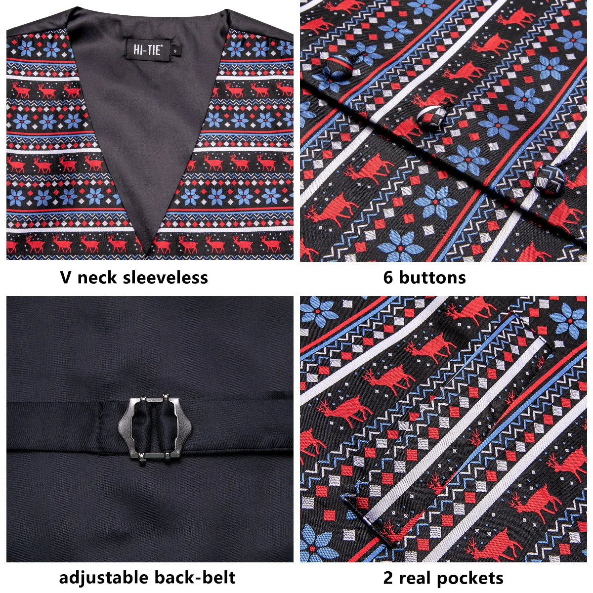 Black Blue Christmas Red Deer Novelty Jacquard Silk Men's Vest Hanky Cufflinks Tie Set