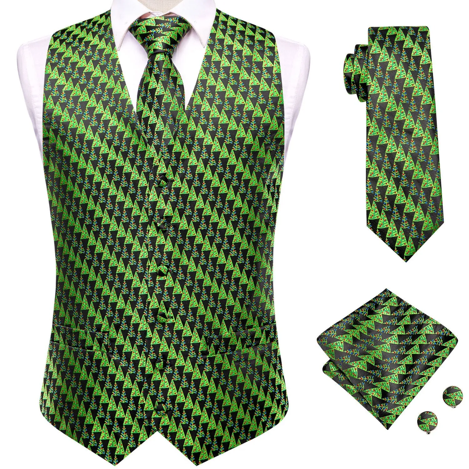 Black Christmas Green Tree Novelty Jacquard Silk Men's Vest Hanky Cufflinks Tie Set