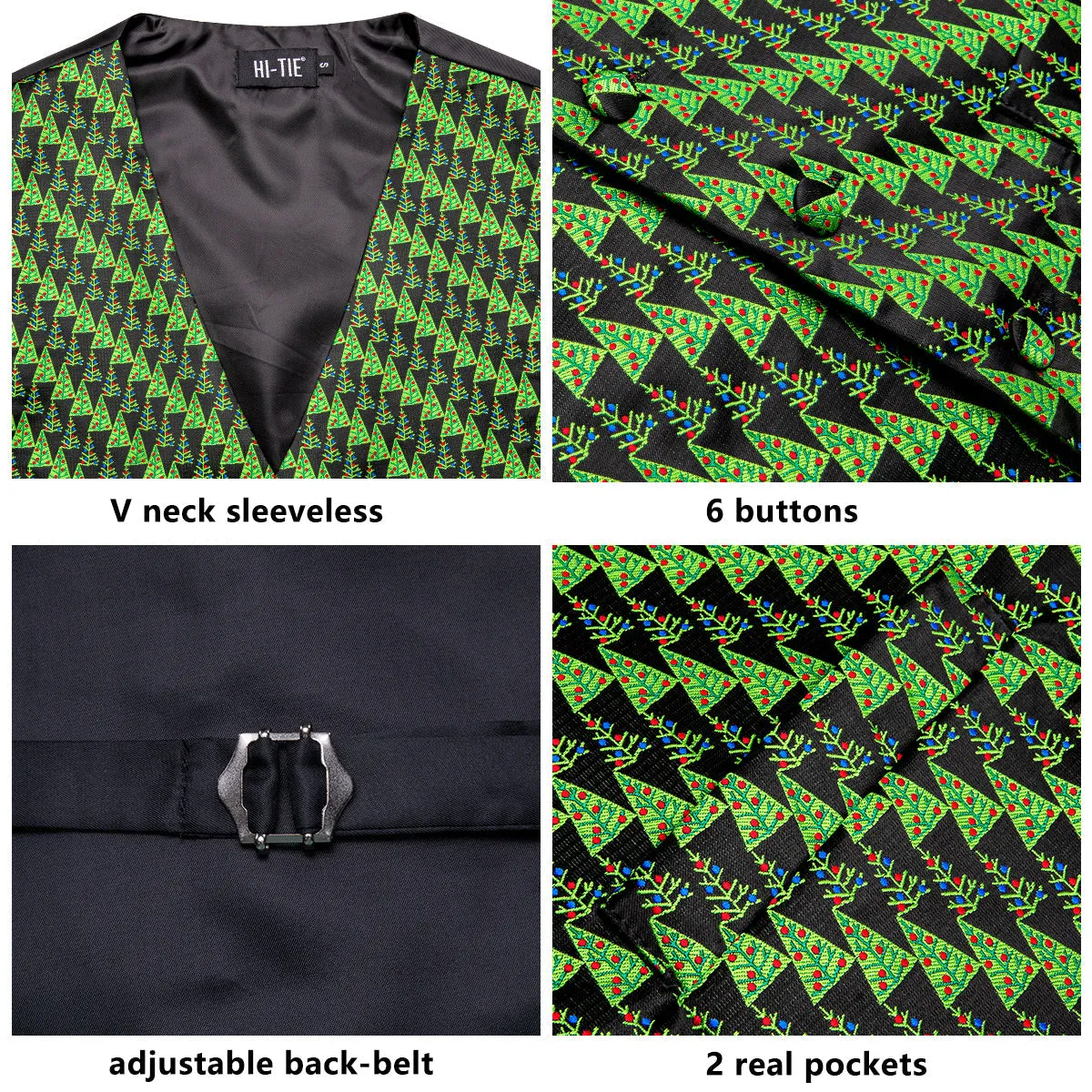 Black Christmas Green Tree Novelty Jacquard Silk Men's Vest Hanky Cufflinks Tie Set