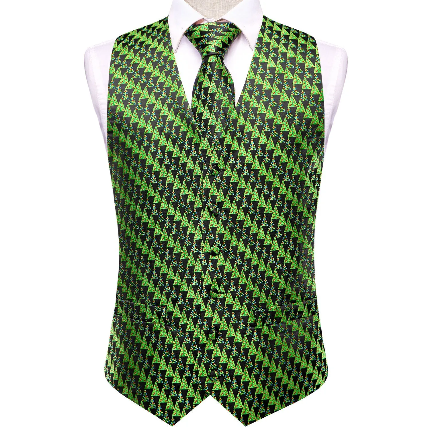 Black Christmas Green Tree Novelty Jacquard Silk Men's Vest Hanky Cufflinks Tie Set