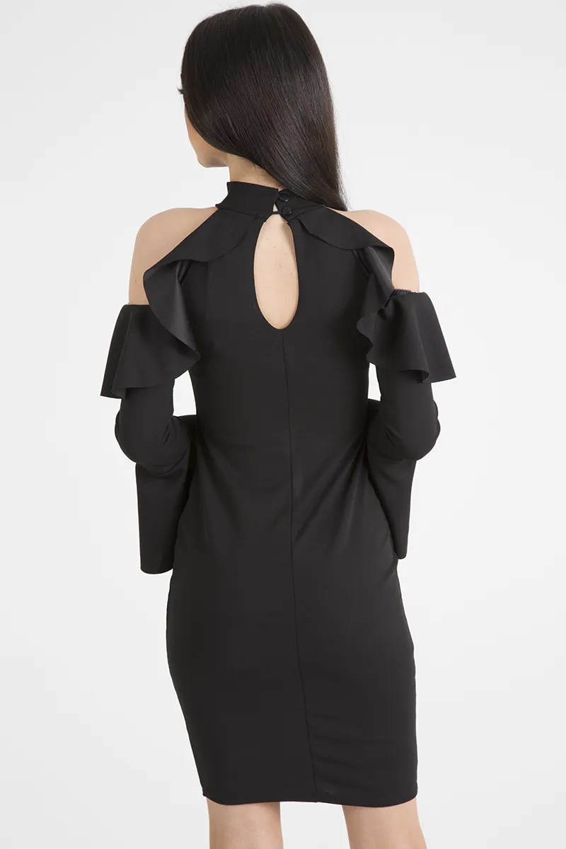 Black Frill Detail Cold Shoulder Dress - Bonnie