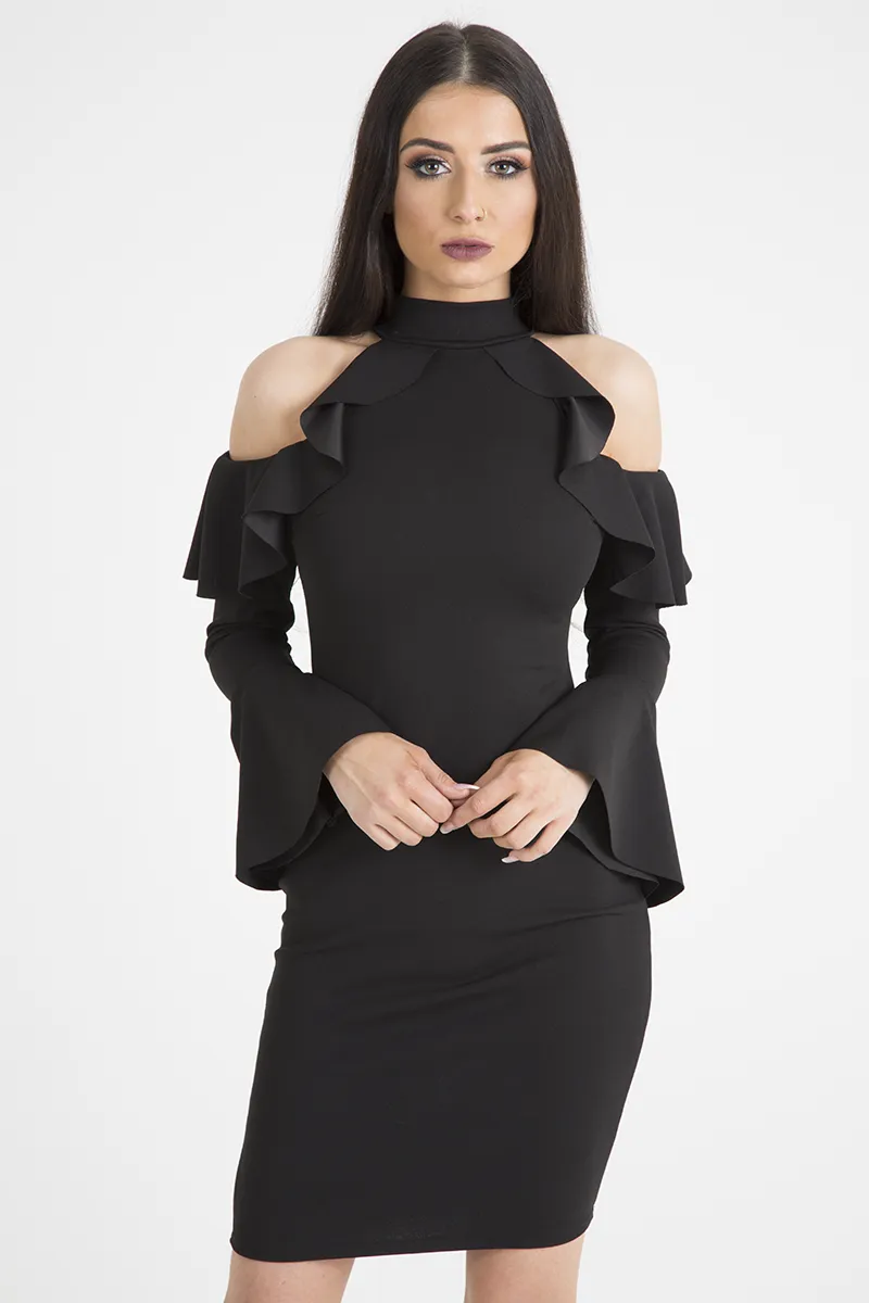 Black Frill Detail Cold Shoulder Dress - Bonnie